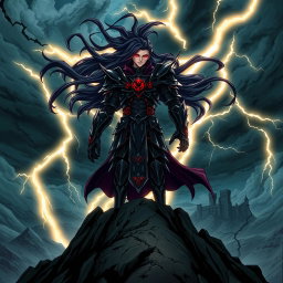 An imposing anime villain standing atop a desolate mountain peak, dressed in a dark, intricately designed armor with sharp edges and ominous symbols