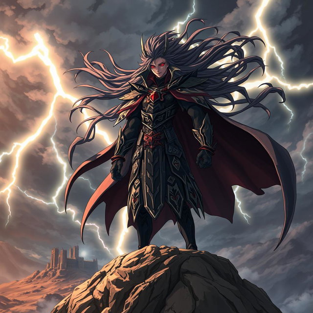 An imposing anime villain standing atop a desolate mountain peak, dressed in a dark, intricately designed armor with sharp edges and ominous symbols