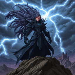 An imposing anime villain standing atop a desolate mountain peak, dressed in a dark, intricately designed armor with sharp edges and ominous symbols