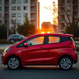 A compact family car designed for four passengers, featuring a sleek and modern exterior with a vibrant red color