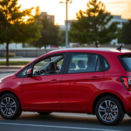 A compact family car designed for four passengers, featuring a sleek and modern exterior with a vibrant red color
