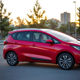 A compact family car designed for four passengers, featuring a sleek and modern exterior with a vibrant red color