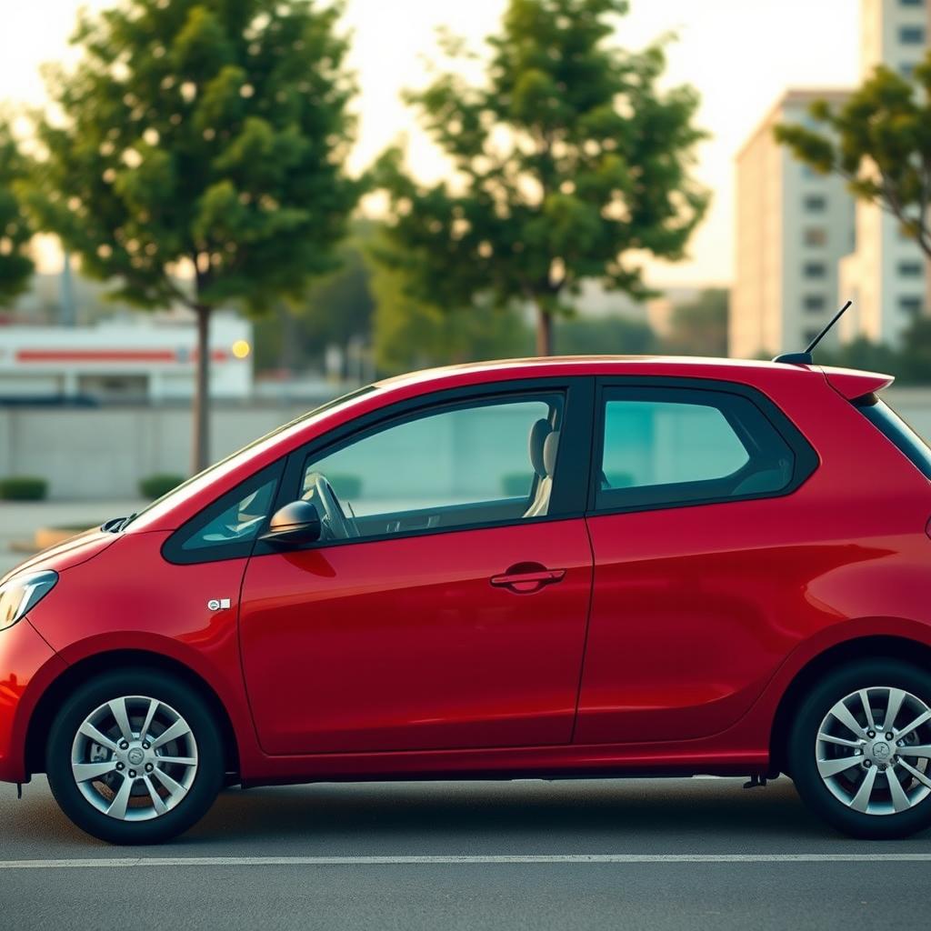 A compact family car designed for four passengers, featuring a sleek and modern exterior with a vibrant red color