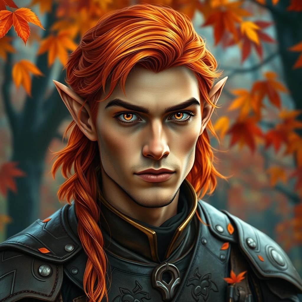 An enchanting male autumn elf in his late 30s, showcasing elegantly pointed ears and striking orange eyes that exude a mystical charm