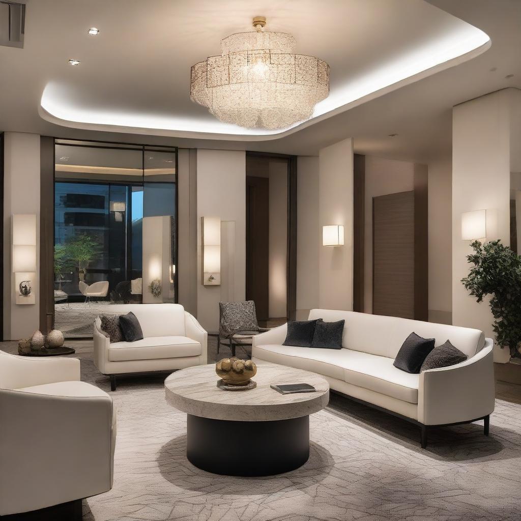 A lavish modern interior view of a guest reception area featuring minimalist design, chic furniture, ambient lighting, and sophisticated decorative pieces.