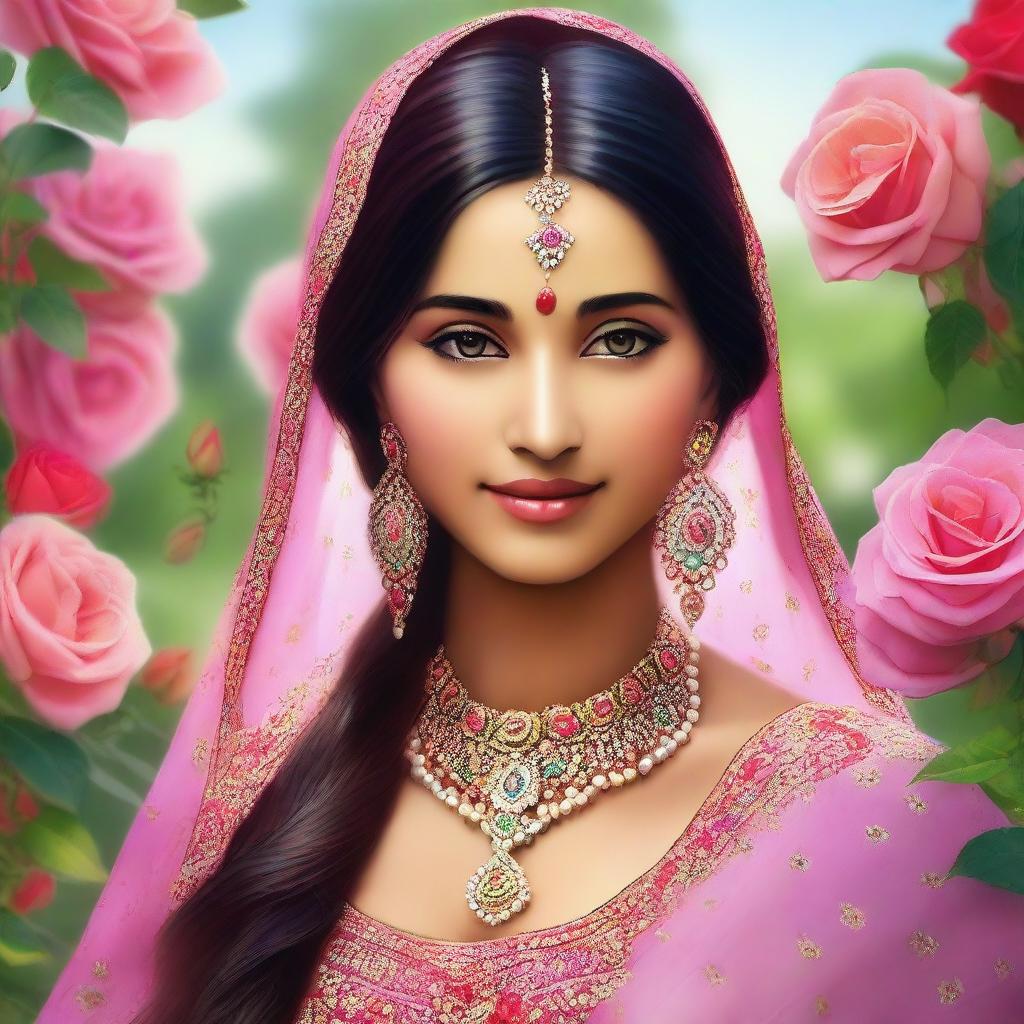 An exquisite digital art piece that showcases an Indian beauty in a vibrant rose garden