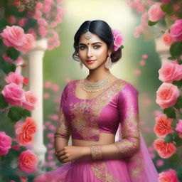 An exquisite digital art piece that showcases an Indian beauty in a vibrant rose garden