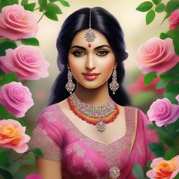 An exquisite digital art piece that showcases an Indian beauty in a vibrant rose garden