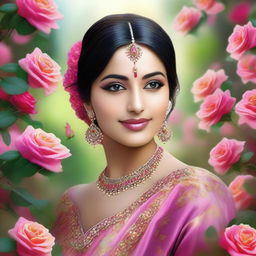 An exquisite digital art piece that showcases an Indian beauty in a vibrant rose garden