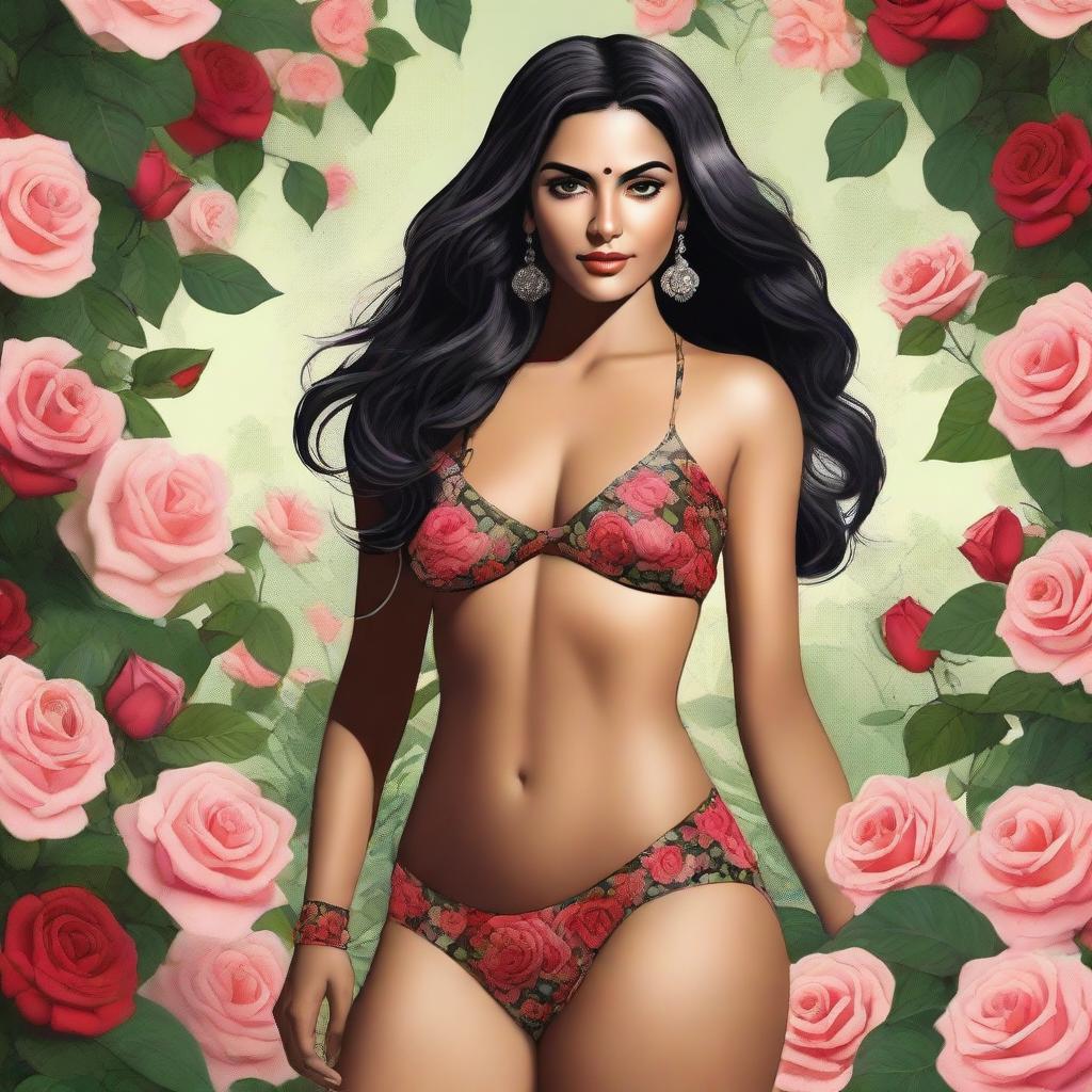 A high-quality digital art piece portraying an Indian woman in a stylish bikini amidst a lush rose garden