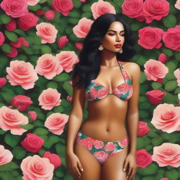 A high-quality digital art piece portraying an Indian woman in a stylish bikini amidst a lush rose garden