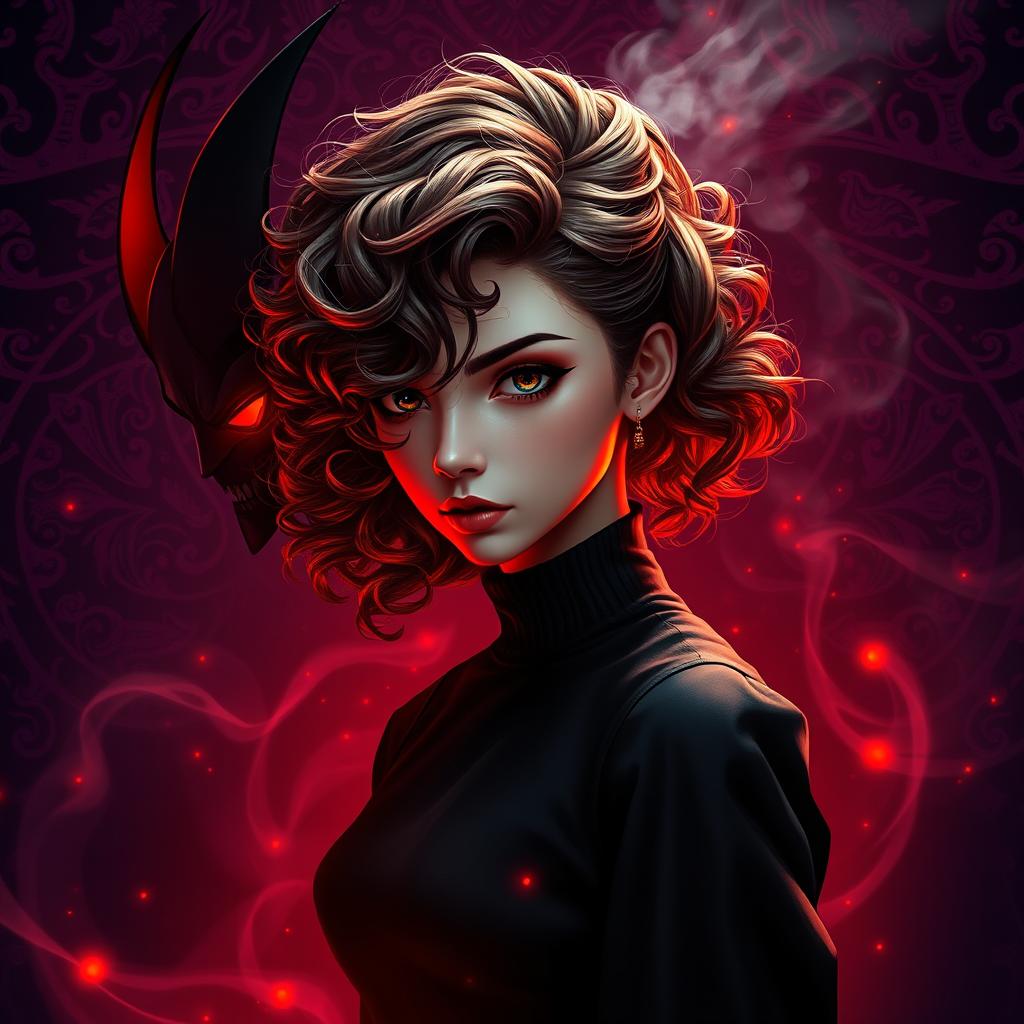 A highly detailed depiction of a mysterious girl featuring luxurious brown curly hair with vibrant red tips, styled in a way that frames her face elegantly