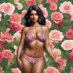 A high-quality digital art piece portraying an Indian woman in a stylish bikini amidst a lush rose garden