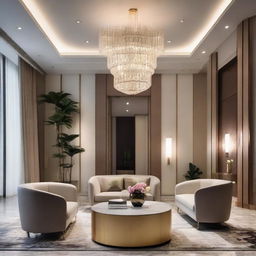 A lavish modern interior view of a guest reception area featuring minimalist design, chic furniture, ambient lighting, and sophisticated decorative pieces.