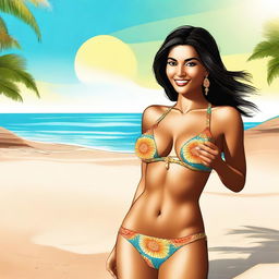 This image features a high-quality digital art representation of an attractive Indian woman, donned in a vibrant bikini, enjoying her time on a sandy beach