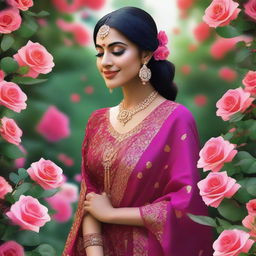 This is a high-quality digital art image showcasing a stunning Indian woman in a vibrant rose garden