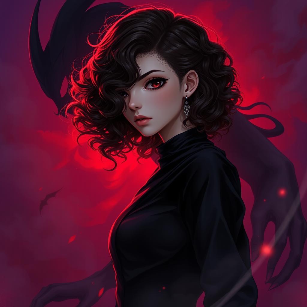 A highly detailed illustration of a mysterious girl who has captivating brown curly hair with striking red tips that cascade around her shoulders