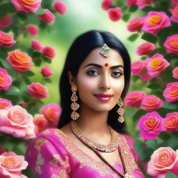 This is a high-quality digital art image showcasing a stunning Indian woman in a vibrant rose garden