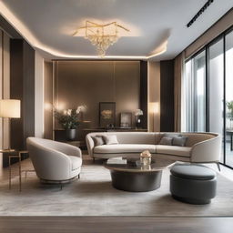 A lavish modern interior view of a guest reception area featuring minimalist design, chic furniture, ambient lighting, and sophisticated decorative pieces.