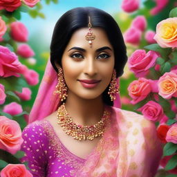 This is a high-quality digital art image showcasing a stunning Indian woman in a vibrant rose garden