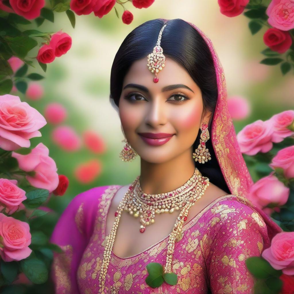 This is a high-quality digital art image showcasing a stunning Indian woman in a vibrant rose garden