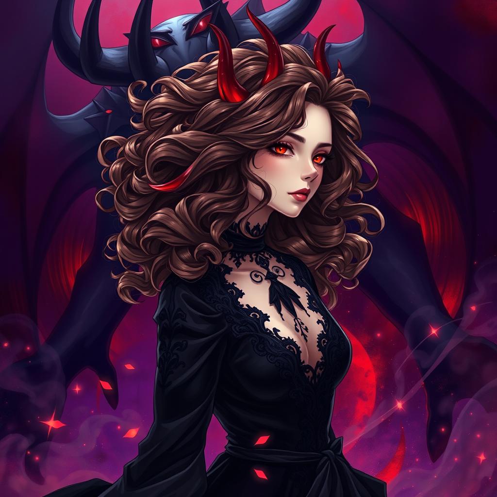 An exceptionally detailed illustration of a mysterious girl with flowing brown curly hair adorned with striking red tips