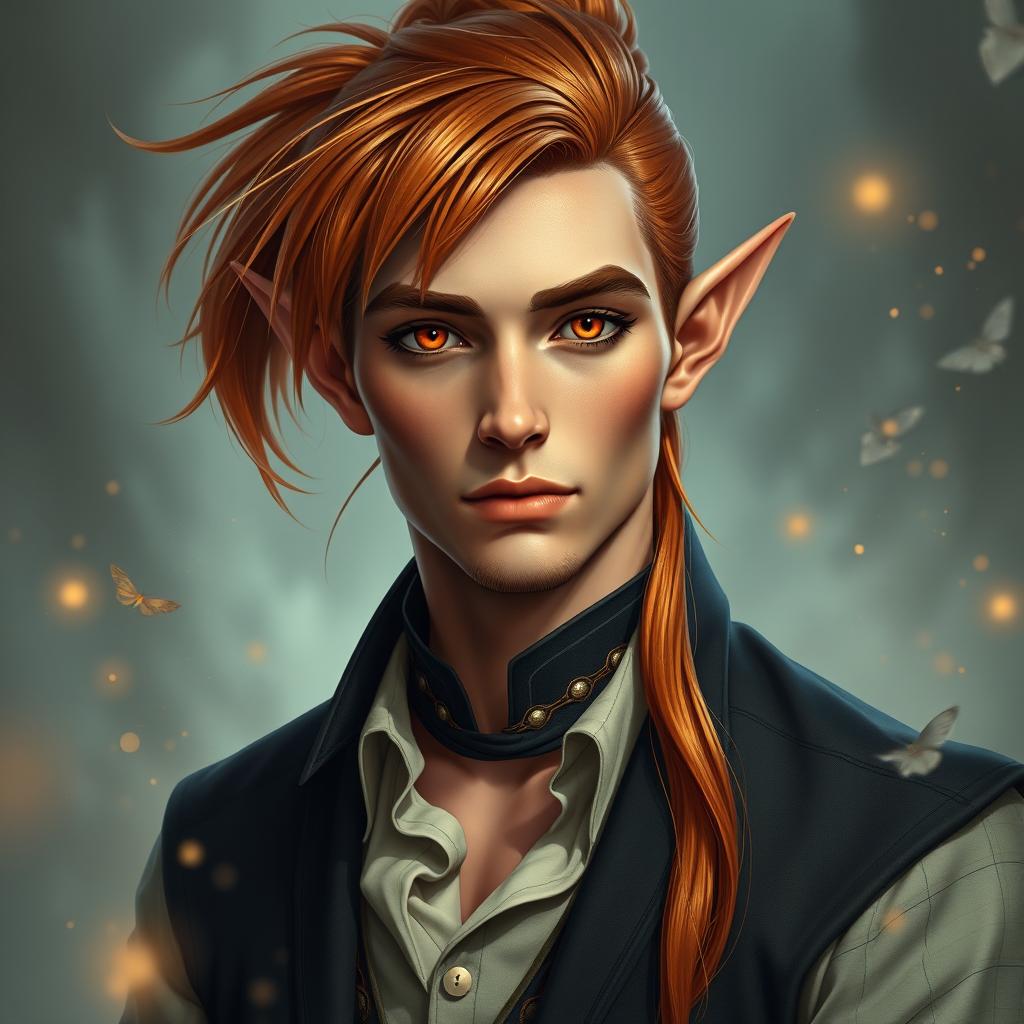 A striking male elf in his early 30s, characterized by elegantly pointed ears and captivating orange eyes that convey depth and intelligence