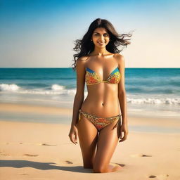 An elegant image in high resolution that portrays an Indian woman in a tasteful bikini, standing by the seashore