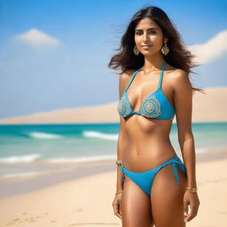 An elegant image in high resolution that portrays an Indian woman in a tasteful bikini, standing by the seashore