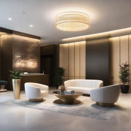 A lavish modern interior view of a guest reception area featuring minimalist design, chic furniture, ambient lighting, and sophisticated decorative pieces.