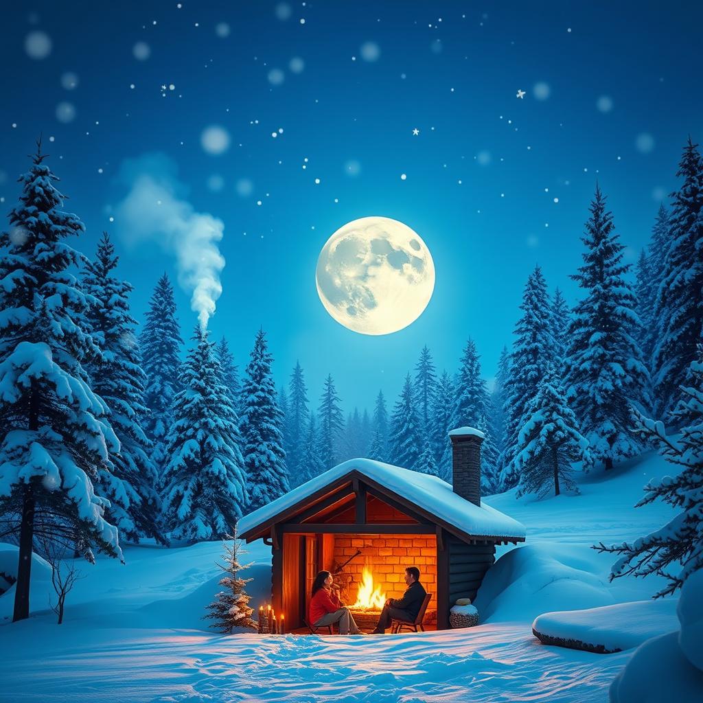 A serene winter landscape blanketed in fresh snow, with a cozy cabin nestled among pine trees under a clear blue sky