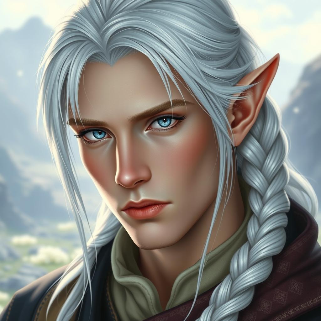 A stunning male elf in his early 30s, characterized by elegantly pointed ears and piercing blue eyes that convey depth and wisdom