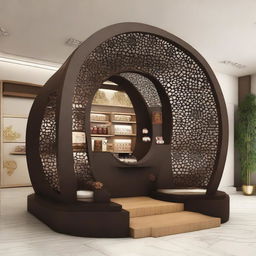 A point of sale chocolate stand designed with a modular structure that resembles an Islamic arch, featuring graceful curves and intricate patterns. The overall shape echoes traditional Islamic architecture, harmoniously blending cultural aesthetics with modern functionality.