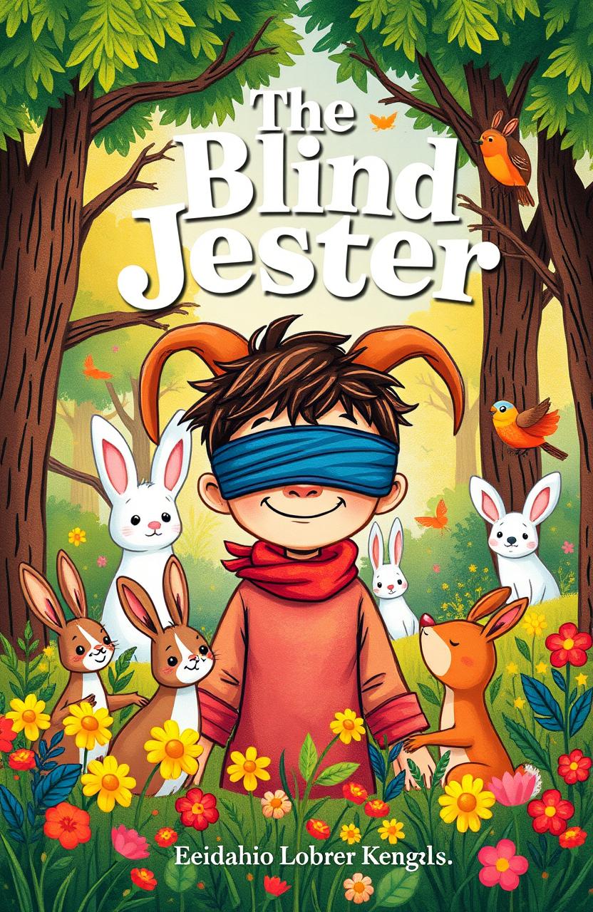 A whimsical children's book cover for 'The Blind Jester'