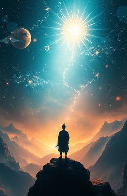 A celestial scene depicting Lord Krishna, shining with radiance and surrounded by shimmering stars, gazing into the unknown depths of space