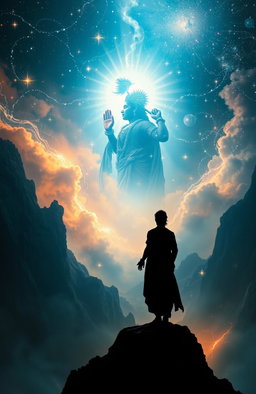 A celestial scene depicting Lord Krishna, shining with radiance and surrounded by shimmering stars, gazing into the unknown depths of space