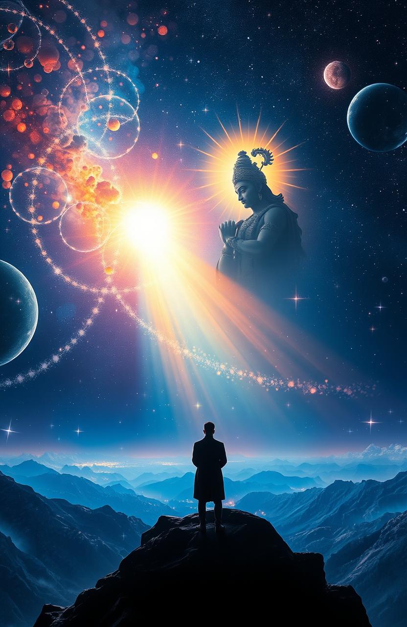 A celestial scene depicting Lord Krishna, shining with radiance and surrounded by shimmering stars, gazing into the unknown depths of space