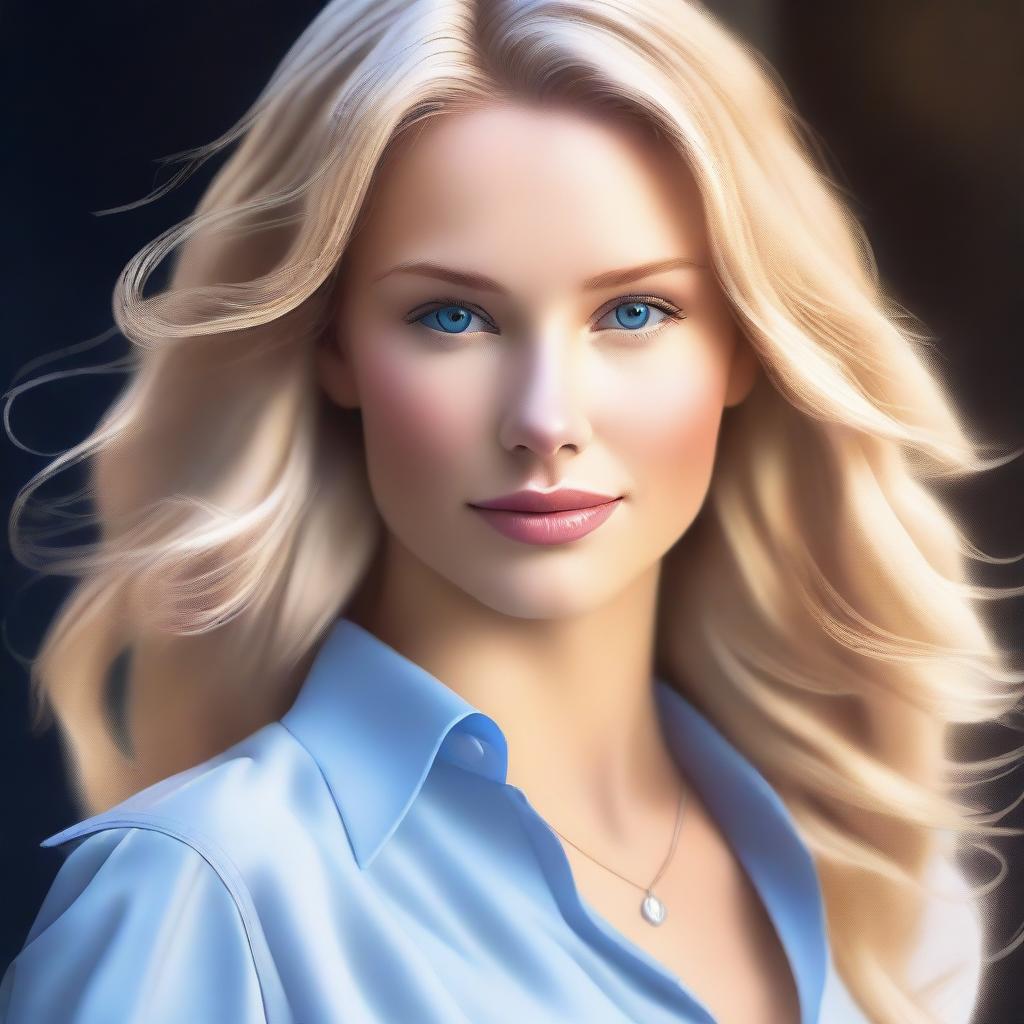 A high-quality digital art image of a blonde woman with a radiant complexion