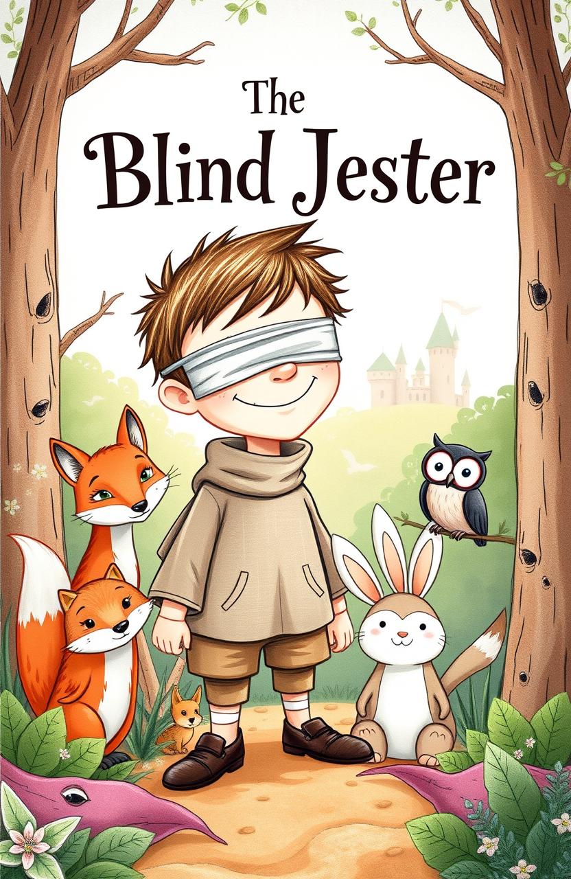 A whimsical and enchanting book cover for a children's fable titled 'The Blind Jester