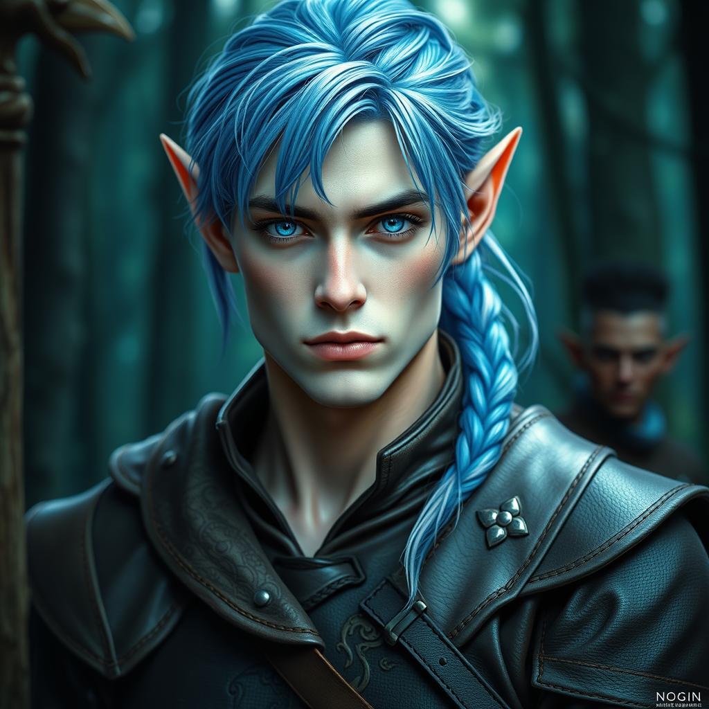A handsome male elf in his early 30s, showcasing elegantly pointed ears and striking piercing blue eyes that sparkle with intensity