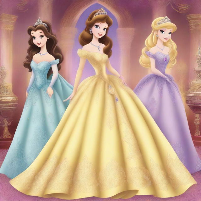 A digital art image showcasing princesses adorned in luxurious dresses and jewelry