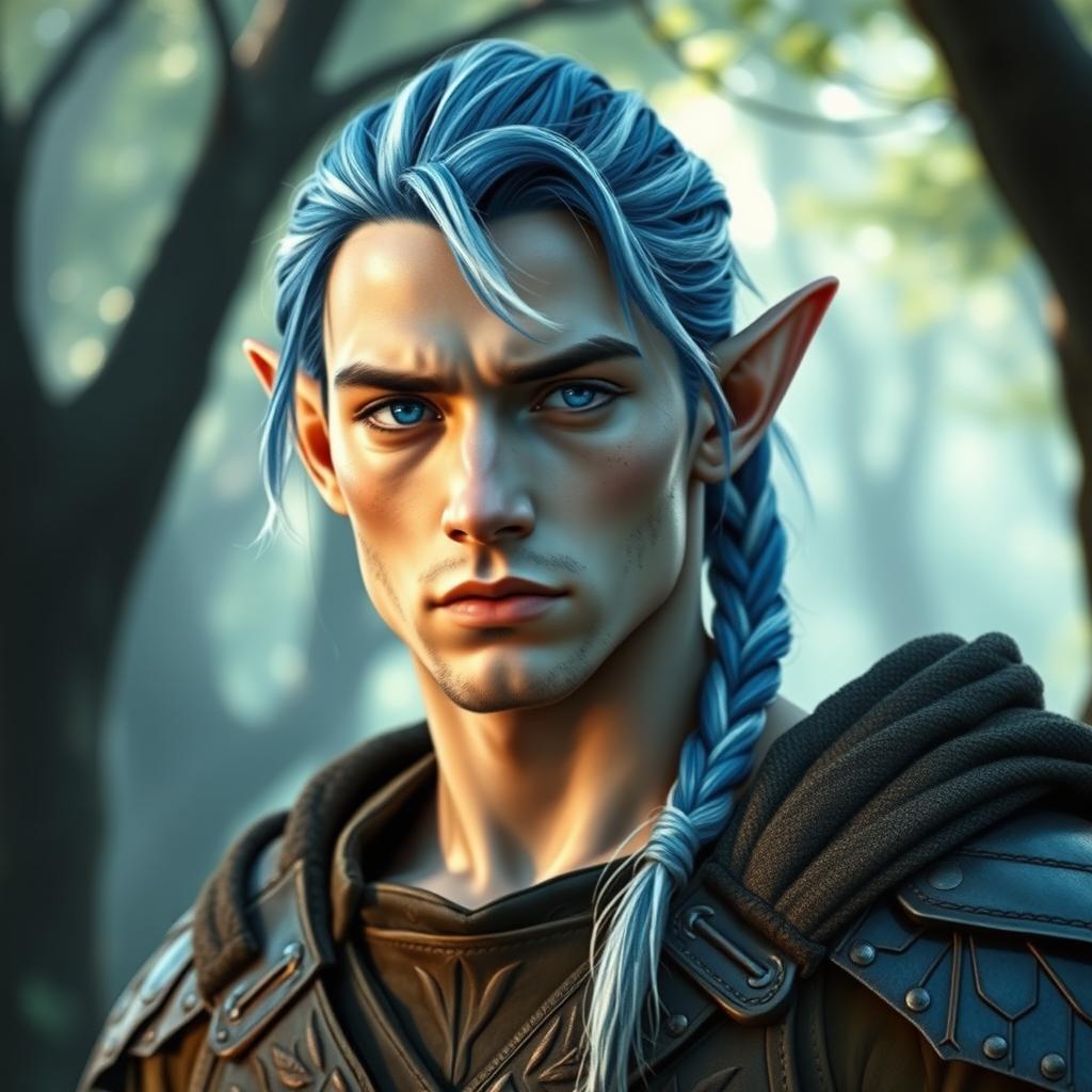 A striking male elf in his late 30s, featuring elegantly pointed ears and piercing blue eyes that reflect strength and wisdom