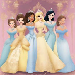 A digital art image showcasing princesses adorned in luxurious dresses and jewelry