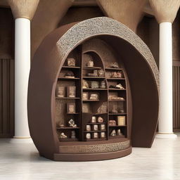 A point of sale chocolate stand designed with a modular structure that resembles an Islamic arch, featuring graceful curves and intricate patterns. The overall shape echoes traditional Islamic architecture, harmoniously blending cultural aesthetics with modern functionality.