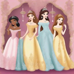 A digital art image showcasing princesses adorned in luxurious dresses and jewelry