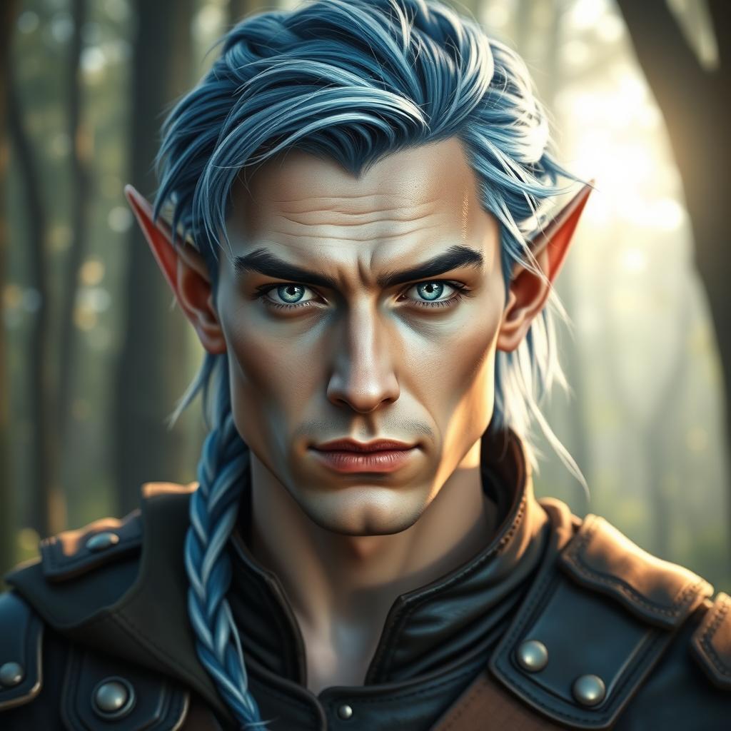 A striking male elf in his late 30s, showcasing elegantly pointed ears and piercing blue eyes that convey depth and wisdom