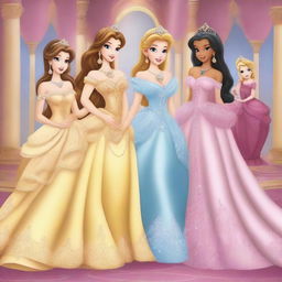 A digital art image showcasing princesses adorned in luxurious dresses and jewelry