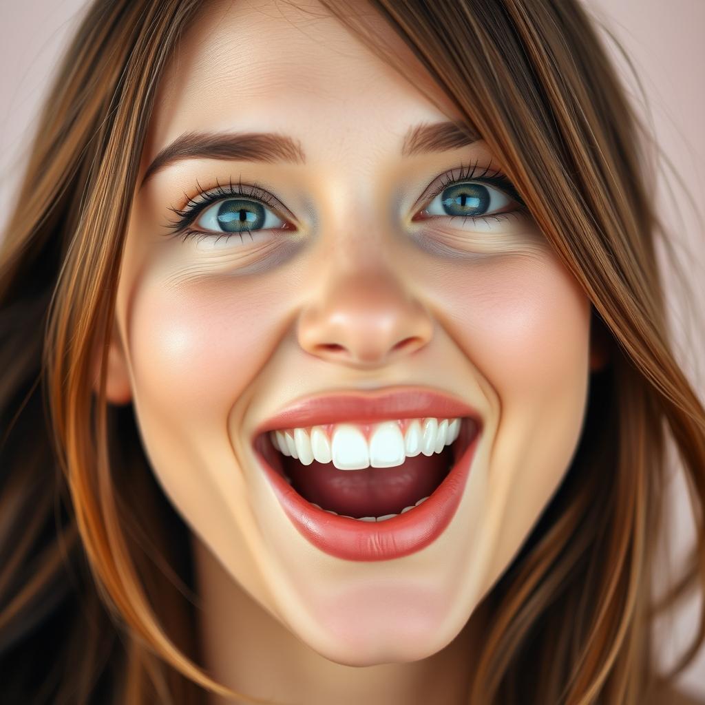 A beautiful woman's portrait with an expressive open mouth, as if she is speaking or laughing