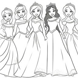 A high-quality line art image perfect for coloring, featuring princesses in dynamic poses