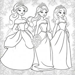 A high-quality line art image perfect for coloring, featuring princesses in dynamic poses